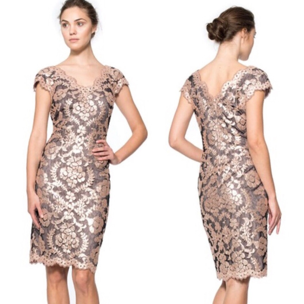 Tadashi Shoji Paillette Sequins Embroidered Metallic Mesh Lace Cocktail Dress 14